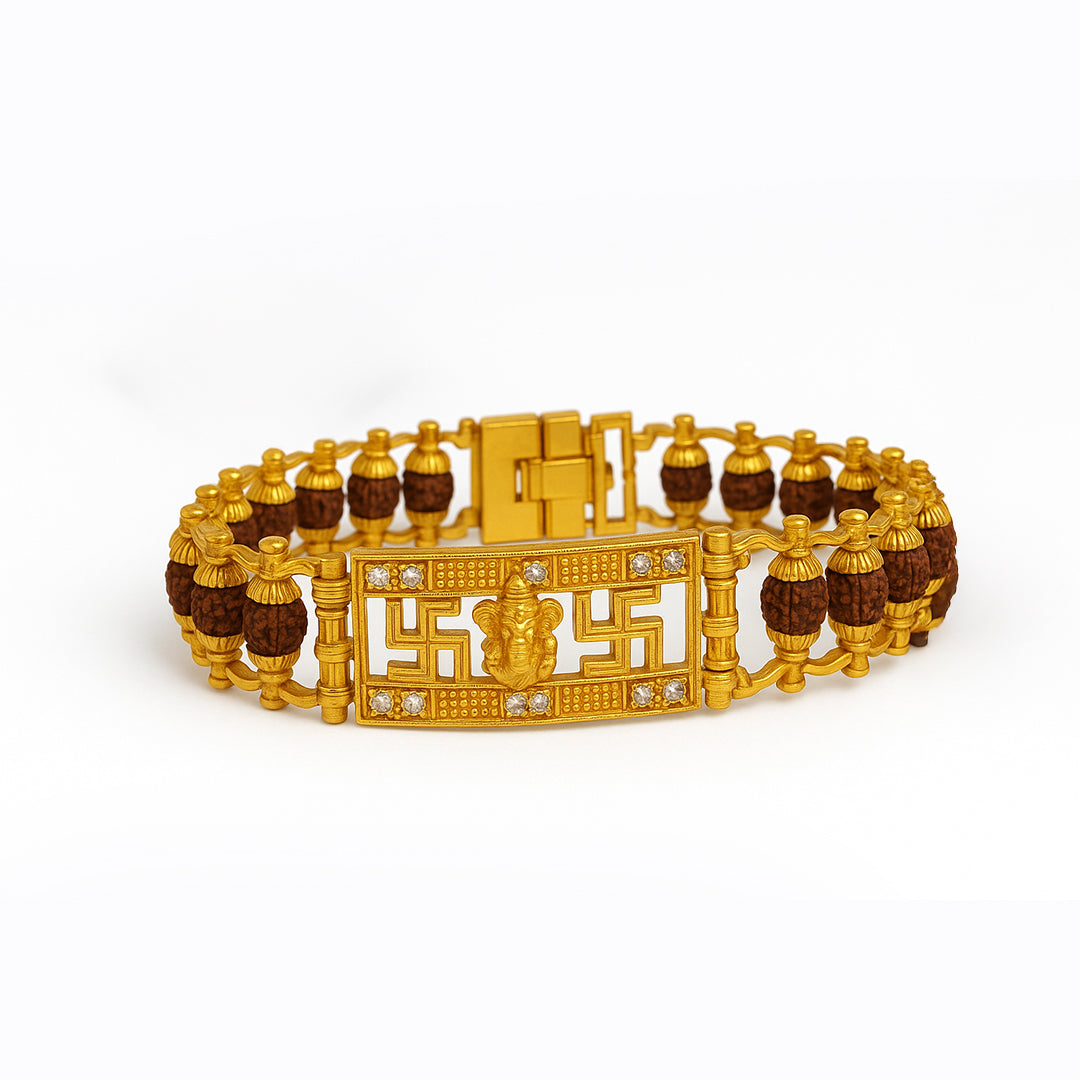 5 Mukhi Ganesh Rudraksha Bracelet with  Gold-Plated Swastik Kavach