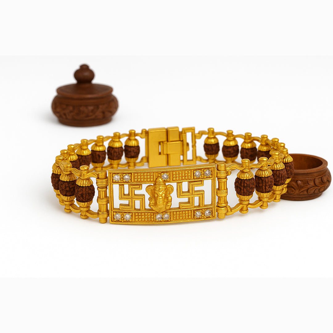 5 Mukhi Ganesh Rudraksha Bracelet with  Gold-Plated Swastik Kavach