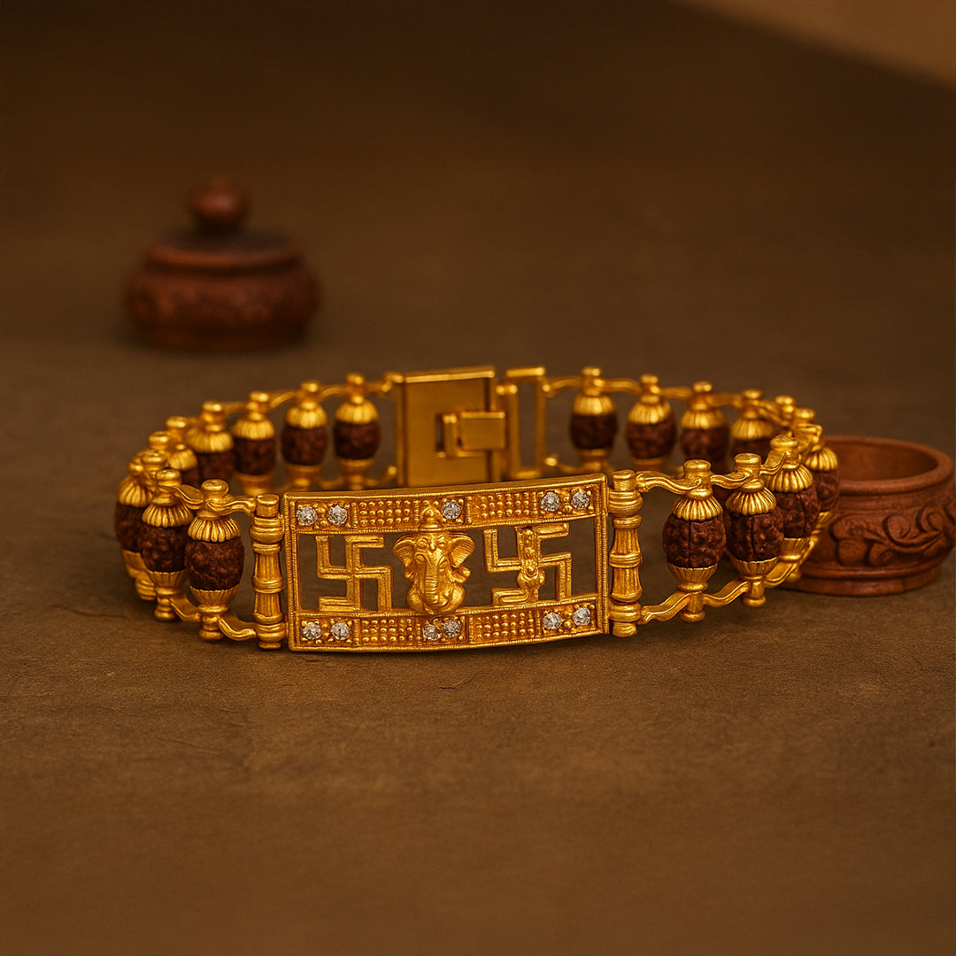 5 Mukhi Ganesh Rudraksha Bracelet with  Gold-Plated Swastik Kavach