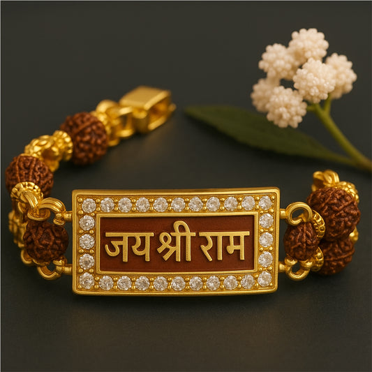 Trendy Gold-Plated Jai Shree Ram Bracelet with Rudraksha Beads for Men